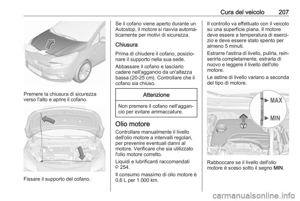 OPEL CORSA E 2018.5 Manuale di uso e manutenzione (in Italian) Cura del veicolo207
Premere la chiusura di sicurezza
verso l'alto e aprire il cofano.
Fissare il supporto del cofano.
Se il cofano viene aperto durante un
Autostop, il motore si riavvia automa‐
OPEL CORSA E 2018.5 Manuale di uso e manutenzione (in Italian) Cura del veicolo207
Premere la chiusura di sicurezza
verso l'alto e aprire il cofano.
Fissare il supporto del cofano.
Se il cofano viene aperto durante un
Autostop, il motore si riavvia automa‐