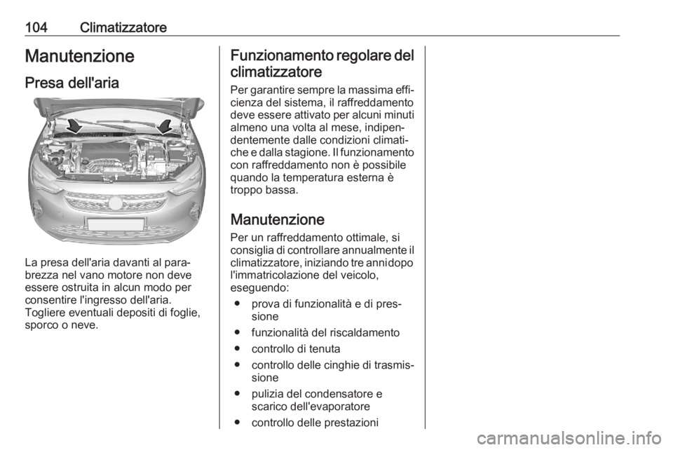 OPEL CORSA F 2020  Manuale di uso e manutenzione (in Italian) 104ClimatizzatoreManutenzione
Presa dell'aria
La presa dell'aria davanti al para‐
brezza nel vano motore non deve
essere ostruita in alcun modo per
consentire l'ingresso dell'aria.
T