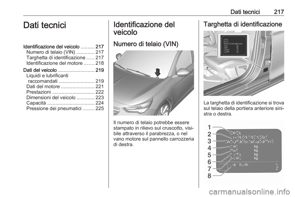 OPEL CORSA F 2020  Manuale di uso e manutenzione (in Italian) Dati tecnici217Dati tecniciIdentificazione del veicolo..........217
Numero di telaio (VIN) .............217
Targhetta di identificazione .....217
Identificazione del motore .......218
Dati del veicolo
