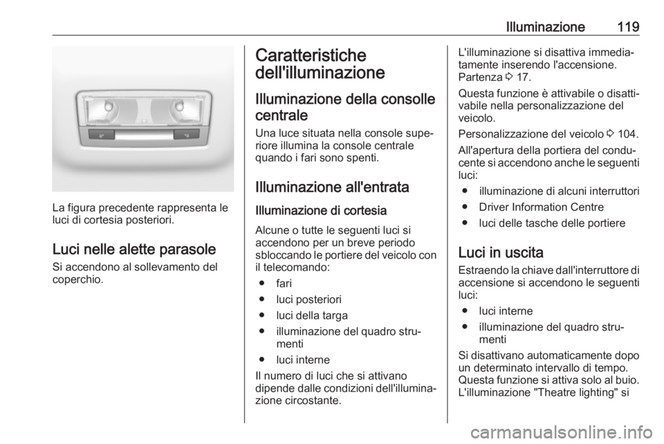 OPEL CROSSLAND X 2017.75  Manuale di uso e manutenzione (in Italian) Illuminazione119
La figura precedente rappresenta le
luci di cortesia posteriori.
Luci nelle alette parasole
Si accendono al sollevamento del
coperchio.
Caratteristiche
dell'illuminazione
Illumina