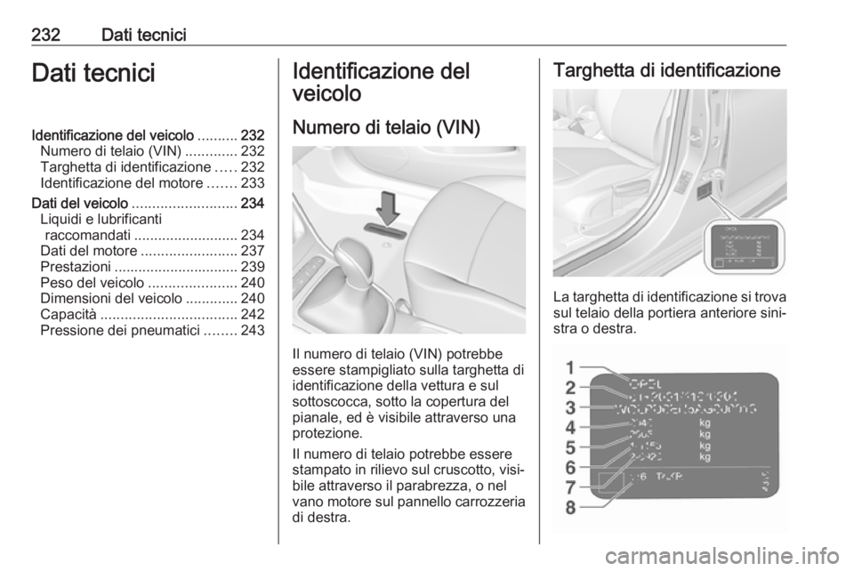 OPEL CROSSLAND X 2017.75 Manuale di uso e manutenzione (in Italian) 232Dati tecniciDati tecniciIdentificazione del veicolo..........232
Numero di telaio (VIN) .............232
Targhetta di identificazione .....232
Identificazione del motore .......233
Dati del veicolo OPEL CROSSLAND X 2017.75 Manuale di uso e manutenzione (in Italian) 232Dati tecniciDati tecniciIdentificazione del veicolo..........232
Numero di telaio (VIN) .............232
Targhetta di identificazione .....232
Identificazione del motore .......233
Dati del veicolo