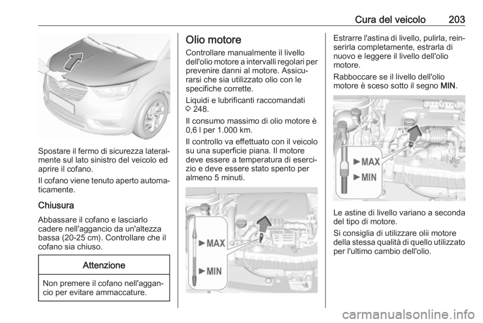 OPEL CROSSLAND X 2019  Manuale di uso e manutenzione (in Italian) Cura del veicolo203
Spostare il fermo di sicurezza lateral‐mente sul lato sinistro del veicolo ed
aprire il cofano.
Il cofano viene tenuto aperto automa‐
ticamente.
Chiusura
Abbassare il cofano e 