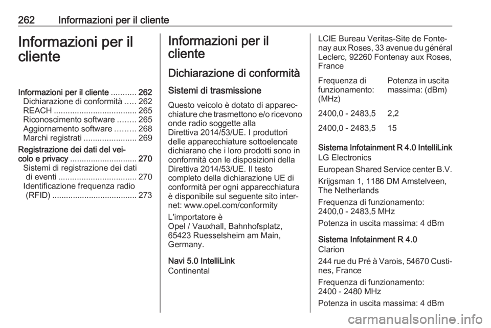 OPEL CROSSLAND X 2019 Manuale di uso e manutenzione (in Italian) 262Informazioni per il clienteInformazioni per il
clienteInformazioni per il cliente ...........262
Dichiarazione di conformità .....262
REACH .................................... 265
Riconoscimento OPEL CROSSLAND X 2019 Manuale di uso e manutenzione (in Italian) 262Informazioni per il clienteInformazioni per il
clienteInformazioni per il cliente ...........262
Dichiarazione di conformità .....262
REACH .................................... 265
Riconoscimento
