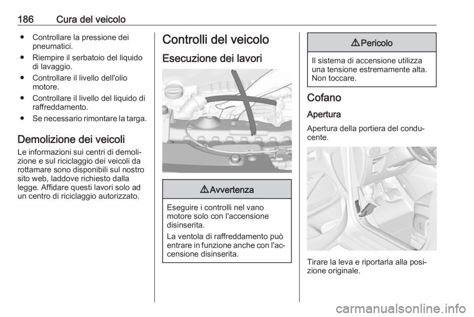OPEL CROSSLAND X 2019.75  Manuale di uso e manutenzione (in Italian) 186Cura del veicolo● Controllare la pressione deipneumatici.
● Riempire il serbatoio del liquido di lavaggio.
● Controllare il livello dell'olio motore.
● Controllare il livello del liquid
