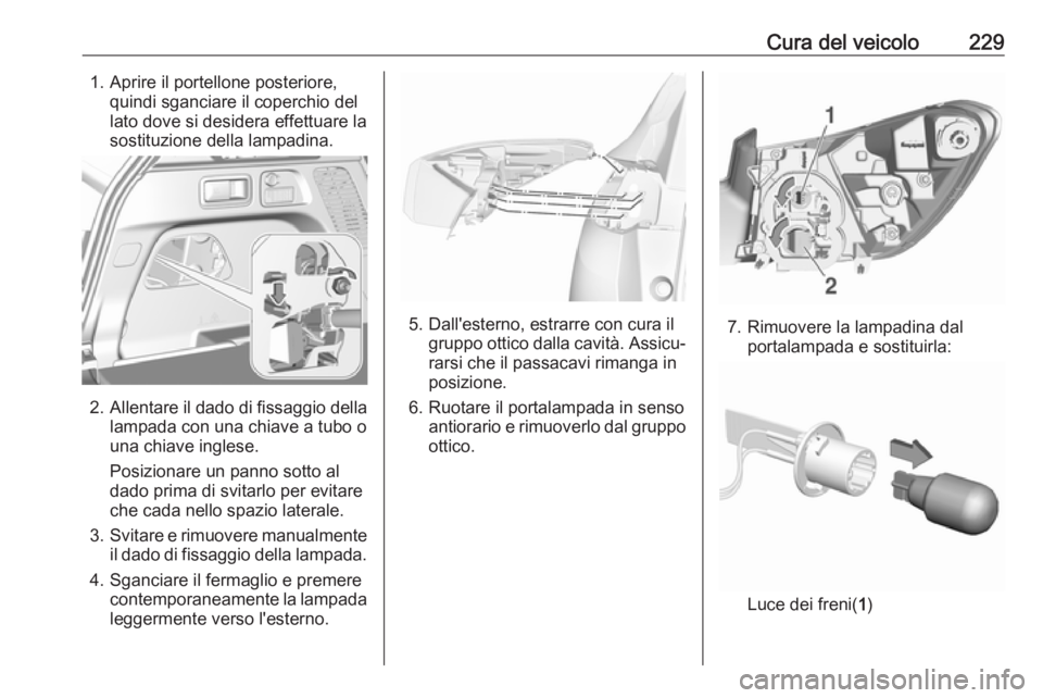 OPEL GRANDLAND X 2018  Manuale di uso e manutenzione (in Italian) Cura del veicolo2291. Aprire il portellone posteriore,quindi sganciare il coperchio del
lato dove si desidera effettuare la
sostituzione della lampadina.
2. Allentare il dado di fissaggio della
lampad