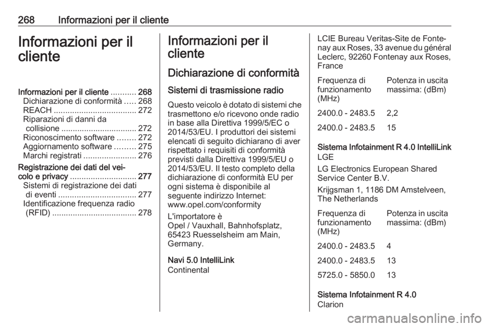 OPEL GRANDLAND X 2018 Manuale di uso e manutenzione (in Italian) 268Informazioni per il clienteInformazioni per il
clienteInformazioni per il cliente ...........268
Dichiarazione di conformità .....268
REACH .................................... 272
Riparazioni di OPEL GRANDLAND X 2018 Manuale di uso e manutenzione (in Italian) 268Informazioni per il clienteInformazioni per il
clienteInformazioni per il cliente ...........268
Dichiarazione di conformità .....268
REACH .................................... 272
Riparazioni di