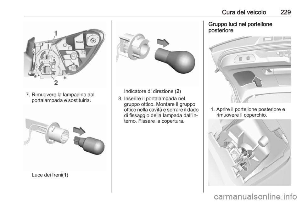OPEL GRANDLAND X 2018.75  Manuale di uso e manutenzione (in Italian) Cura del veicolo229
7. Rimuovere la lampadina dalportalampada e sostituirla.
Luce dei freni( 1)
Indicatore di direzione ( 2)
8. Inserire il portalampada nel gruppo ottico. Montare il gruppo
ottico nel