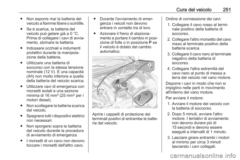 OPEL GRANDLAND X 2018.75  Manuale di uso e manutenzione (in Italian) Cura del veicolo251● Non esporre mai la batteria delveicolo a fiamme libere o scintille.
● Se è scarica, la batteria del veicolo può gelare già a 0 °C.
Prima di collegare i cavi di avvia‐ me