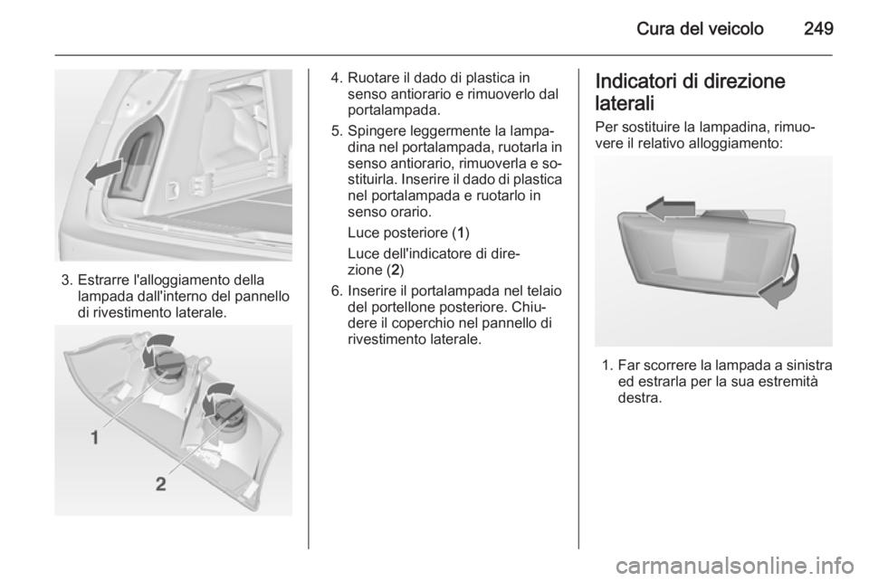 OPEL INSIGNIA 2015  Manuale di uso e manutenzione (in Italian) Cura del veicolo249
3. Estrarre l'alloggiamento dellalampada dall'interno del pannello
di rivestimento laterale.
4. Ruotare il dado di plastica in senso antiorario e rimuoverlo dal
portalampad