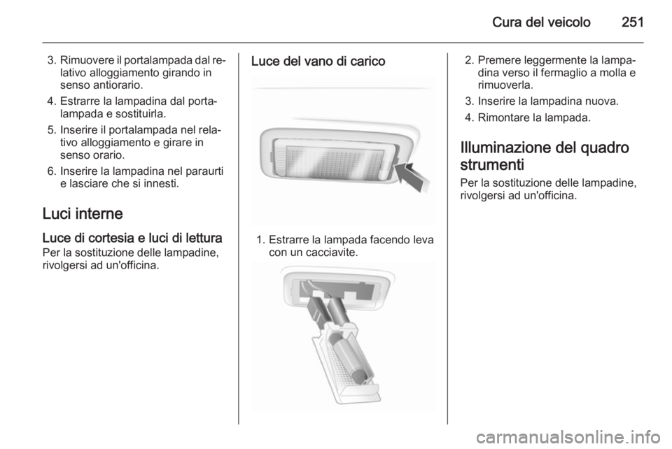OPEL INSIGNIA 2015  Manuale di uso e manutenzione (in Italian) Cura del veicolo251
3.Rimuovere il portalampada dal re‐
lativo alloggiamento girando in
senso antiorario.
4. Estrarre la lampadina dal porta‐ lampada e sostituirla.
5. Inserire il portalampada nel