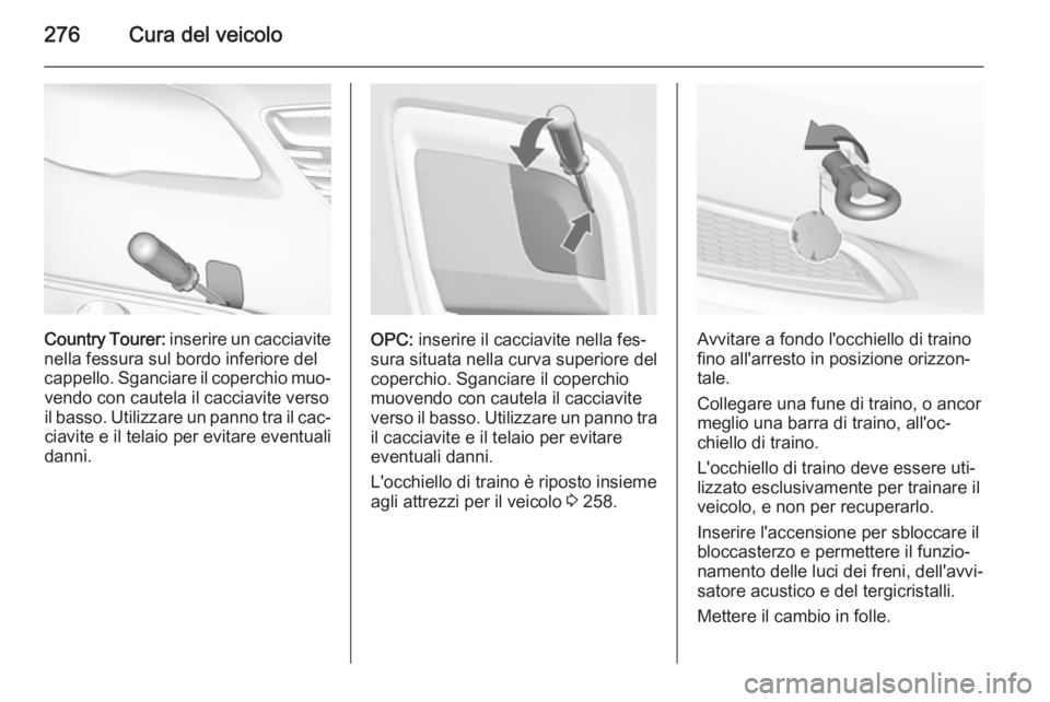 OPEL INSIGNIA 2015  Manuale di uso e manutenzione (in Italian) 276Cura del veicolo
Country Tourer: inserire un cacciavite
nella fessura sul bordo inferiore del cappello. Sganciare il coperchio muo‐ vendo con cautela il cacciavite verso
il basso. Utilizzare un p