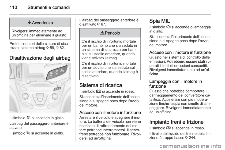 OPEL INSIGNIA 2015.5 Manuale di uso e manutenzione (in Italian) 110Strumenti e comandi9Avvertenza
Rivolgersi immediatamente ad
un'officina per eliminare il guasto.
Pretensionatori delle cinture di sicu‐
rezza, sistema airbag 3 59, 3 62.
Disattivazione degl OPEL INSIGNIA 2015.5 Manuale di uso e manutenzione (in Italian) 110Strumenti e comandi9Avvertenza
Rivolgersi immediatamente ad
un'officina per eliminare il guasto.
Pretensionatori delle cinture di sicu‐
rezza, sistema airbag 3 59, 3 62.
Disattivazione degl