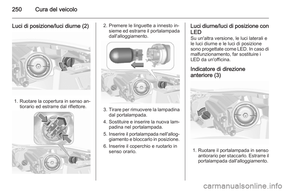 OPEL INSIGNIA 2015.5  Manuale di uso e manutenzione (in Italian) 250Cura del veicolo
Luci di posizione/luci diurne (2)
1.Ruotare la copertura in senso an‐
tiorario ed estrarre dal riflettore.
2. Premere le linguette a innesto in‐ sieme ed estrarre il portalampa