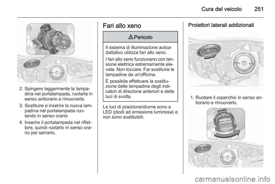 OPEL INSIGNIA 2015.5  Manuale di uso e manutenzione (in Italian) Cura del veicolo251
2. Spingere leggermente la lampa‐dina nel portalampada, ruotarla in
senso antiorario e rimuoverla.
3. Sostituire e inserire la nuova lam‐
padina nel portalampada ruo‐
tando i