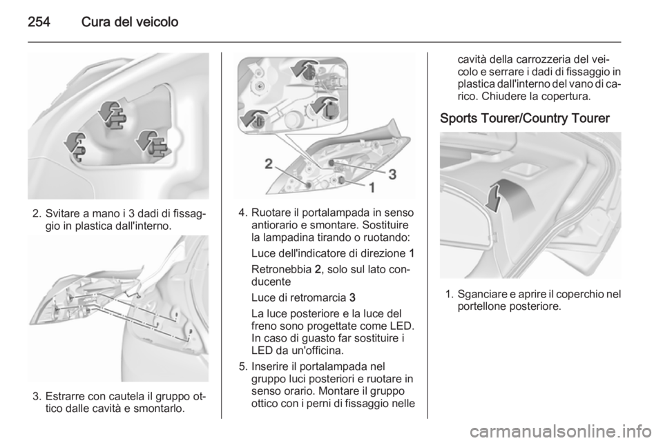 OPEL INSIGNIA 2015.5  Manuale di uso e manutenzione (in Italian) 254Cura del veicolo
2. Svitare a mano i 3 dadi di fissag‐gio in plastica dall'interno.
3. Estrarre con cautela il gruppo ot‐tico dalle cavità e smontarlo.
4. Ruotare il portalampada in sensoa