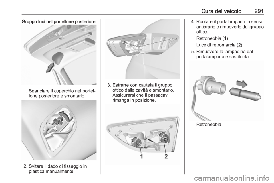 OPEL INSIGNIA BREAK 2019  Manuale di uso e manutenzione (in Italian) Cura del veicolo291Gruppo luci nel portellone posteriore
1. Sganciare il coperchio nel portel‐lone posteriore e smontarlo.
2. Svitare il dado di fissaggio inplastica manualmente.
3. Estrarre con cau