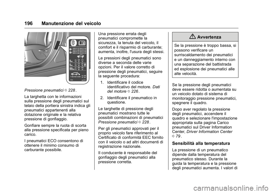 OPEL KARL 2016 Manuale di uso e manutenzione (in Italian) OPEL Karl Owner Manual (GMK-Localizing-EU LHD-9231167) - 2016 -
CRC - 9/9/15
196 Manutenzione del veicolo
Pressione pneumatici0228ii.
La targhetta con le informazioni
sulla pressione degli pneumatici OPEL KARL 2016 Manuale di uso e manutenzione (in Italian) OPEL Karl Owner Manual (GMK-Localizing-EU LHD-9231167) - 2016 -
CRC - 9/9/15
196 Manutenzione del veicolo
Pressione pneumatici0228ii.
La targhetta con le informazioni
sulla pressione degli pneumatici