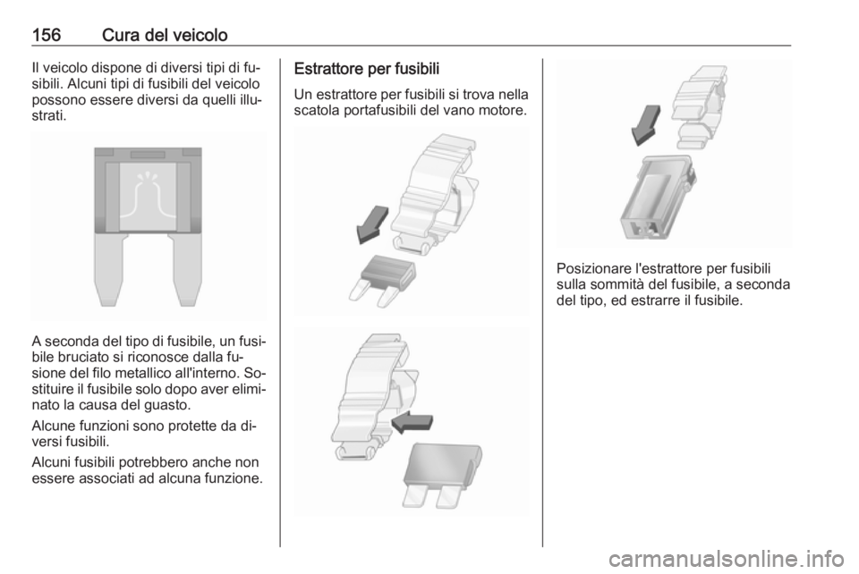 OPEL KARL 2016.5  Manuale di uso e manutenzione (in Italian) 156Cura del veicoloIl veicolo dispone di diversi tipi di fu‐
sibili. Alcuni tipi di fusibili del veicolo
possono essere diversi da quelli illu‐
strati.
A seconda del tipo di fusibile, un fusi‐ b