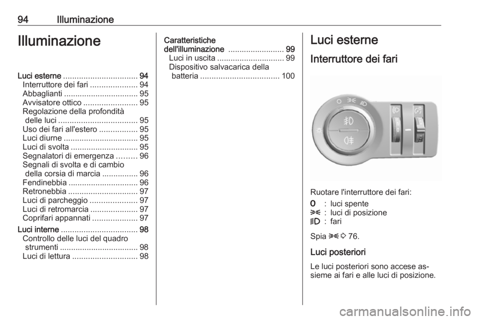 OPEL KARL 2016.5 Manuale di uso e manutenzione (in Italian) 94IlluminazioneIlluminazioneLuci esterne................................. 94
Interruttore dei fari .....................94
Abbaglianti ................................. 95
Avvisatore ottico .......... OPEL KARL 2016.5 Manuale di uso e manutenzione (in Italian) 94IlluminazioneIlluminazioneLuci esterne................................. 94
Interruttore dei fari .....................94
Abbaglianti ................................. 95
Avvisatore ottico ..........