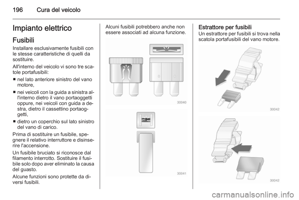 OPEL MERIVA 2014.5  Manuale di uso e manutenzione (in Italian) 196Cura del veicoloImpianto elettricoFusibili
Installare esclusivamente fusibili con le stesse caratteristiche di quelli da
sostituire.
All'interno del veicolo vi sono tre sca‐ tole portafusibil