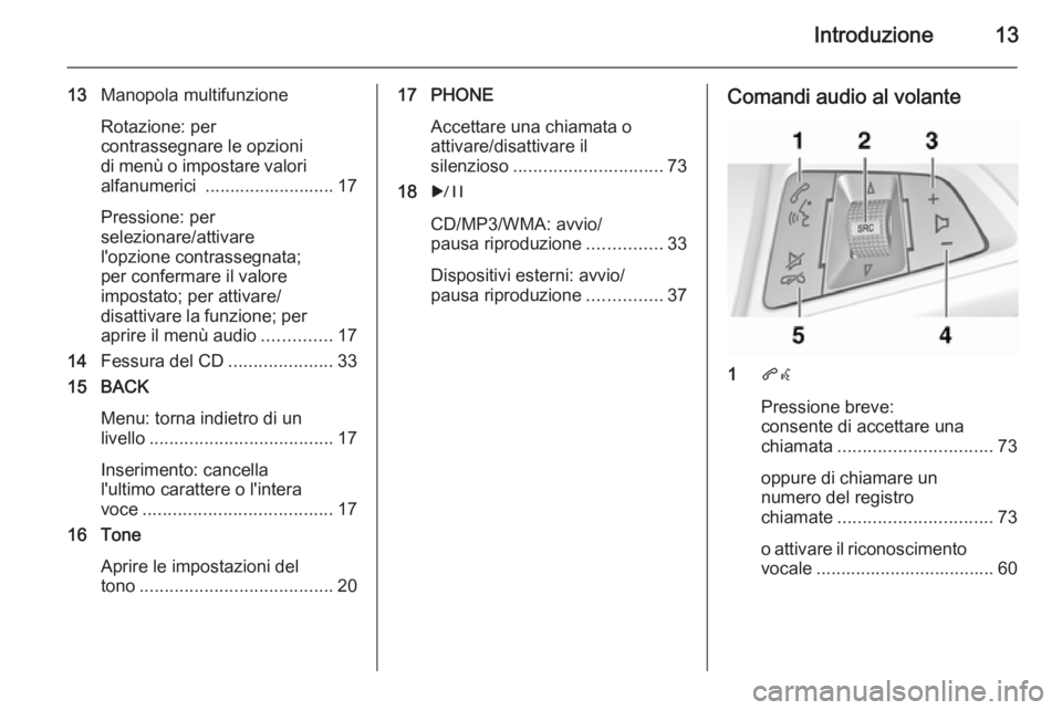 OPEL MERIVA 2015.5  Manuale del sistema Infotainment (in Italian) Introduzione13
13Manopola multifunzione
Rotazione: per
contrassegnare le opzioni
di menù o impostare valori
alfanumerici  .......................... 17
Pressione: per
selezionare/attivare
l'opzio