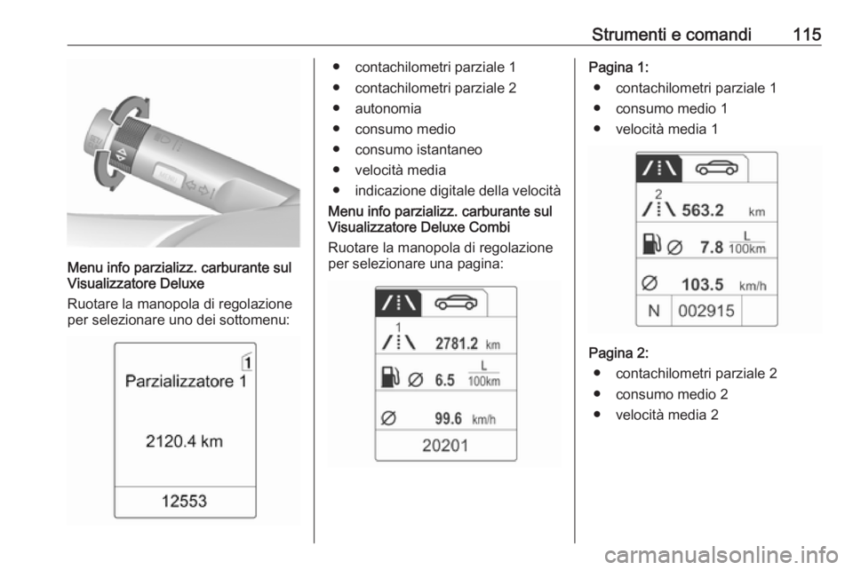 OPEL MERIVA 2016  Manuale di uso e manutenzione (in Italian) Strumenti e comandi115
Menu info parzializz. carburante sul
Visualizzatore Deluxe
Ruotare la manopola di regolazione
per selezionare uno dei sottomenu:
● contachilometri parziale 1
● contachilomet