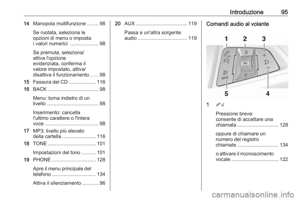 OPEL MERIVA 2016.5  Manuale del sistema Infotainment (in Italian) Introduzione9514Manopola multifunzione ........98
Se ruotata, seleziona le
opzioni di menu o imposta
i valori numerici  ....................98
Se premuta, seleziona/
attiva l'opzione
evidenziata, 