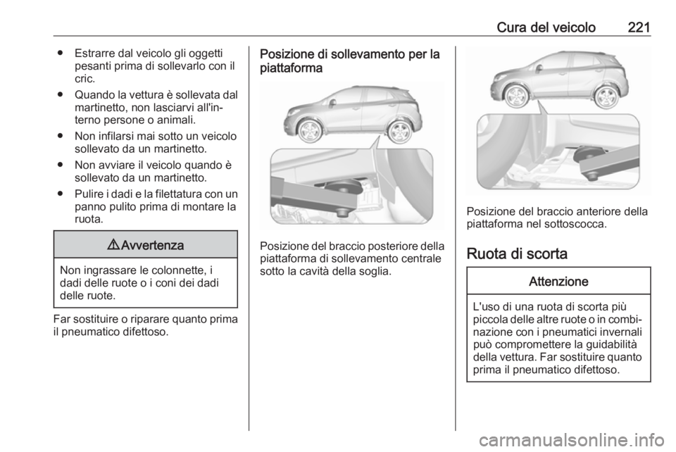 OPEL MOKKA X 2019.5  Manuale di uso e manutenzione (in Italian) Cura del veicolo221● Estrarre dal veicolo gli oggettipesanti prima di sollevarlo con il
cric.
● Quando la vettura è sollevata dal
martinetto, non lasciarvi all'in‐
terno persone o animali.
