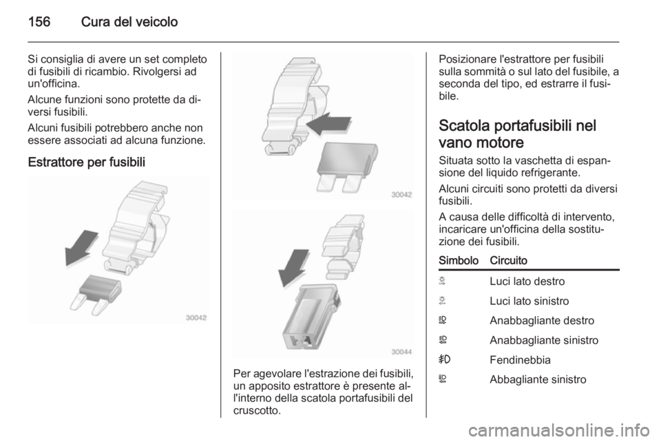 OPEL MOVANO_B 2014  Manuale di uso e manutenzione (in Italian) 156Cura del veicolo
Si consiglia di avere un set completodi fusibili di ricambio. Rivolgersi adun'officina.
Alcune funzioni sono protette da di‐
versi fusibili.
Alcuni fusibili potrebbero anche 
