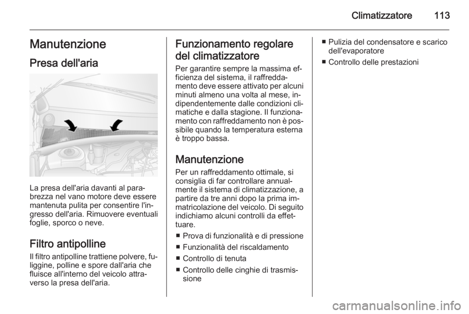 OPEL MOVANO_B 2015 Manuale di uso e manutenzione (in Italian) Climatizzatore113Manutenzione
Presa dell'aria
La presa dell'aria davanti al para‐
brezza nel vano motore deve essere
mantenuta pulita per consentire l'in‐
gresso dell'aria. Rimuove OPEL MOVANO_B 2015 Manuale di uso e manutenzione (in Italian) Climatizzatore113Manutenzione
Presa dell'aria
La presa dell'aria davanti al para‐
brezza nel vano motore deve essere
mantenuta pulita per consentire l'in‐
gresso dell'aria. Rimuove