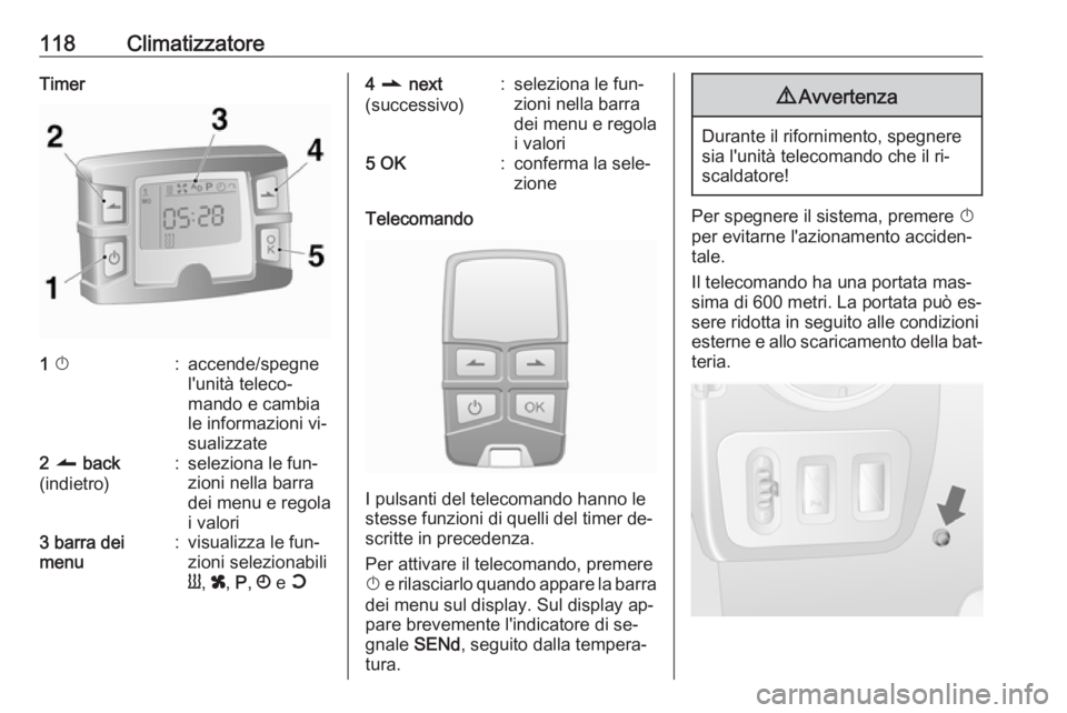 OPEL MOVANO_B 2016  Manuale di uso e manutenzione (in Italian) 118ClimatizzatoreTimer1 X:accende/spegne
l'unità teleco‐
mando e cambia
le informazioni vi‐
sualizzate2  q  back
(indietro):seleziona le fun‐
zioni nella barra
dei menu e regola
i valori3  