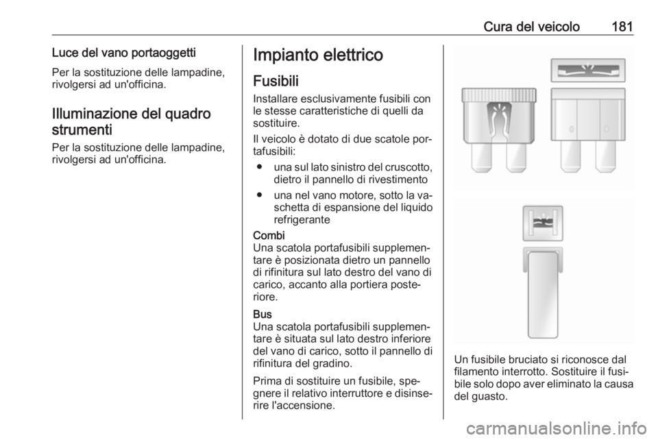 OPEL MOVANO_B 2016  Manuale di uso e manutenzione (in Italian) Cura del veicolo181Luce del vano portaoggettiPer la sostituzione delle lampadine,
rivolgersi ad un'officina.
Illuminazione del quadro
strumenti
Per la sostituzione delle lampadine,
rivolgersi ad u