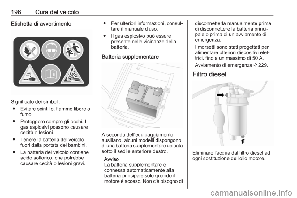 OPEL MOVANO_B 2019 Manuale di uso e manutenzione (in Italian) 198Cura del veicoloEtichetta di avvertimento
Significato dei simboli:● Evitare scintille, fiamme libere o fumo.
● Proteggere sempre gli occhi. I gas esplosivi possono causare
cecità o lesioni.
OPEL MOVANO_B 2019 Manuale di uso e manutenzione (in Italian) 198Cura del veicoloEtichetta di avvertimento
Significato dei simboli:● Evitare scintille, fiamme libere o fumo.
● Proteggere sempre gli occhi. I gas esplosivi possono causare
cecità o lesioni.