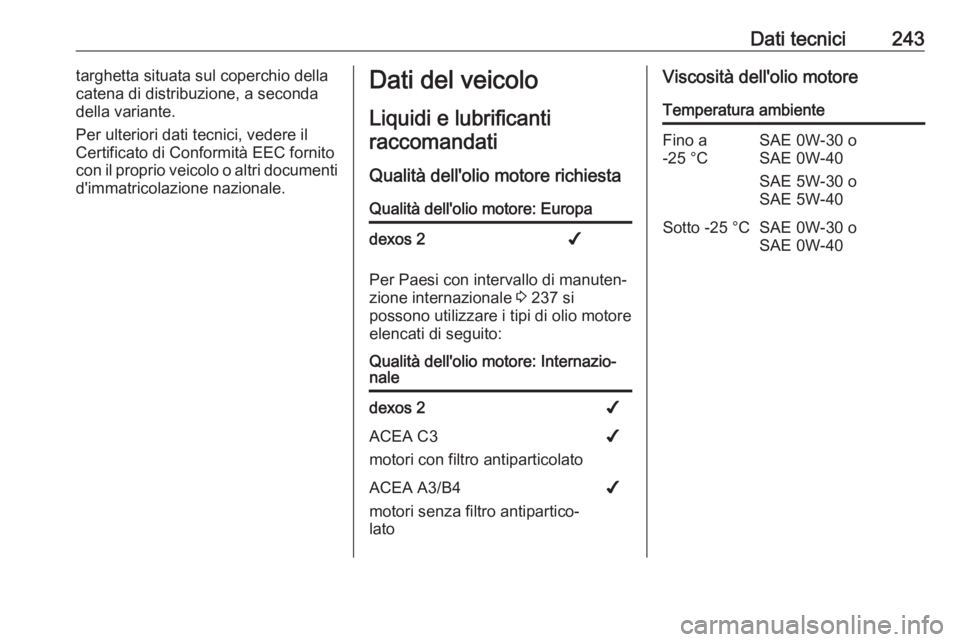 OPEL MOVANO_B 2019  Manuale di uso e manutenzione (in Italian) Dati tecnici243targhetta situata sul coperchio della
catena di distribuzione, a seconda
della variante.
Per ulteriori dati tecnici, vedere il
Certificato di Conformità EEC fornito
con il proprio veic