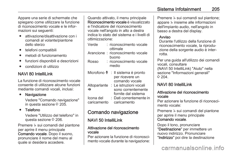 OPEL MOVANO_B 2020  Manuale di uso e manutenzione (in Italian) Sistema Infotainment205Appare una serie di schermate che
spiegano come utilizzare la funzione
di riconoscimento vocale e le infor‐
mazioni sui seguenti:
● attivazione/disattivazione con i comandi 