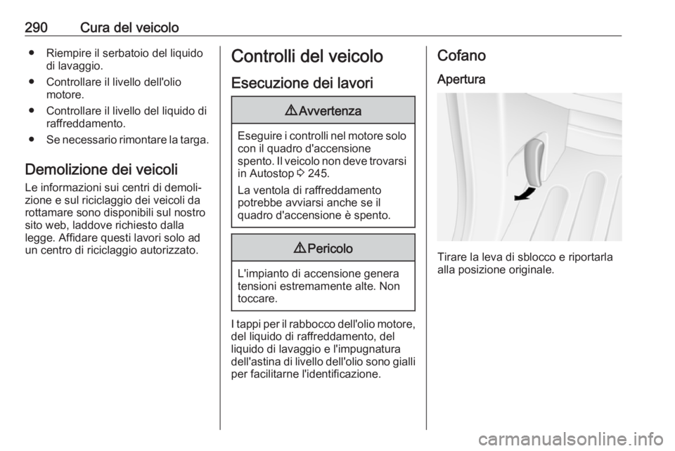 OPEL MOVANO_B 2020  Manuale di uso e manutenzione (in Italian) 290Cura del veicolo● Riempire il serbatoio del liquidodi lavaggio.
● Controllare il livello dell'olio motore.
● Controllare il livello del liquido di raffreddamento.
● Se necessario rimont