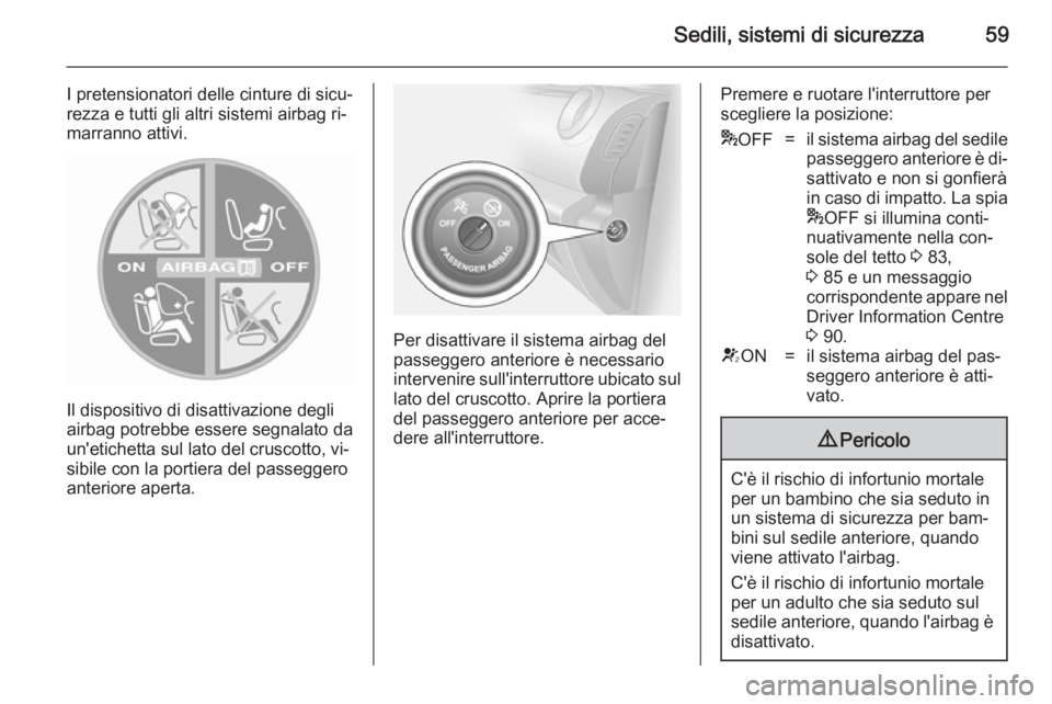 OPEL VIVARO B 2014.5 Manuale di uso e manutenzione (in Italian) Sedili, sistemi di sicurezza59
I pretensionatori delle cinture di sicu‐
rezza e tutti gli altri sistemi airbag ri‐
marranno attivi.
Il dispositivo di disattivazione degli
airbag potrebbe essere se OPEL VIVARO B 2014.5 Manuale di uso e manutenzione (in Italian) Sedili, sistemi di sicurezza59
I pretensionatori delle cinture di sicu‐
rezza e tutti gli altri sistemi airbag ri‐
marranno attivi.
Il dispositivo di disattivazione degli
airbag potrebbe essere se