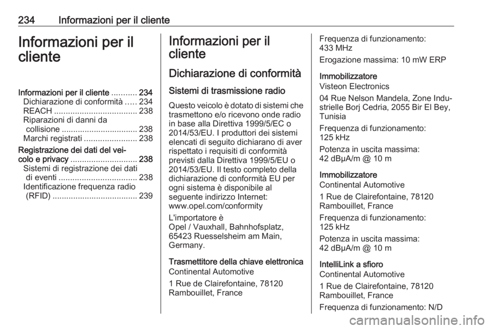 OPEL VIVARO B 2018 Manuale di uso e manutenzione (in Italian) 234Informazioni per il clienteInformazioni per il
clienteInformazioni per il cliente ...........234
Dichiarazione di conformità .....234
REACH .................................... 238
Riparazioni di OPEL VIVARO B 2018 Manuale di uso e manutenzione (in Italian) 234Informazioni per il clienteInformazioni per il
clienteInformazioni per il cliente ...........234
Dichiarazione di conformità .....234
REACH .................................... 238
Riparazioni di