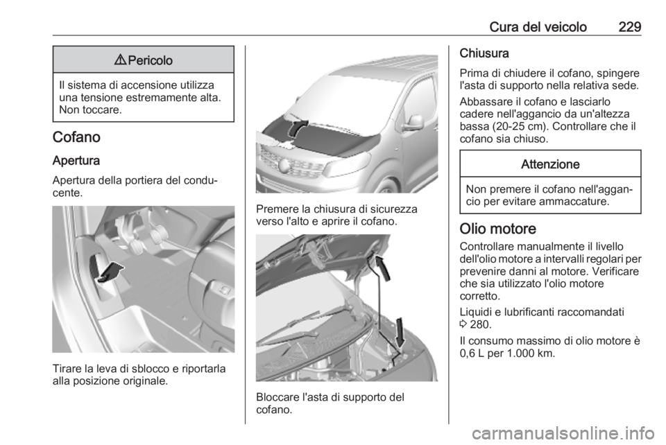 OPEL VIVARO C 2020  Manuale di uso e manutenzione (in Italian) Cura del veicolo2299Pericolo
Il sistema di accensione utilizza
una tensione estremamente alta.
Non toccare.
Cofano
Apertura Apertura della portiera del condu‐
cente.
Tirare la leva di sblocco e ripo