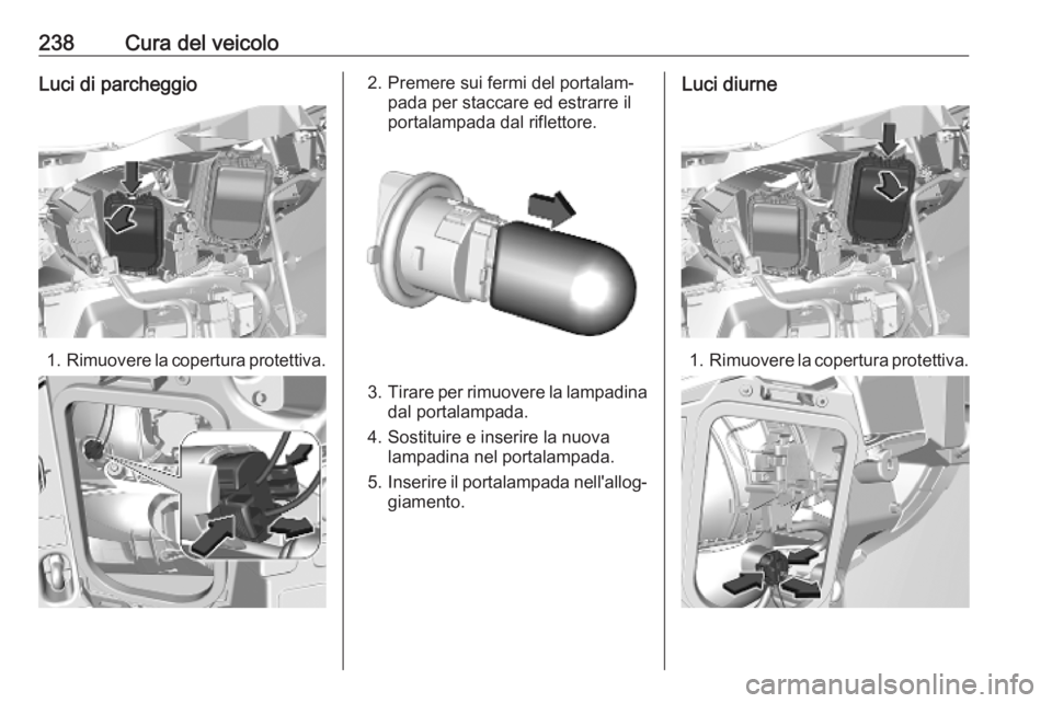 OPEL VIVARO C 2020  Manuale di uso e manutenzione (in Italian) 238Cura del veicoloLuci di parcheggio
1.Rimuovere la copertura protettiva.
2. Premere sui fermi del portalam‐
pada per staccare ed estrarre il
portalampada dal riflettore.
3. Tirare per rimuovere la