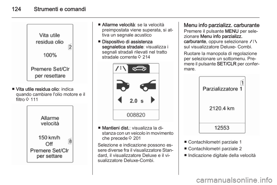 OPEL ZAFIRA C 2014.5  Manuale di uso e manutenzione (in Italian) 124Strumenti e comandi
■Vita utile residua olio : indica
quando cambiare l'olio motore e il filtro  3 111
■ Allarme velocità : se la velocità
preimpostata viene superata, si at‐
tiva un se