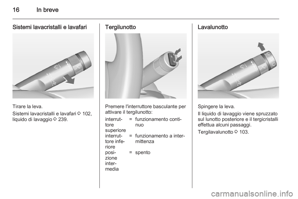 OPEL ZAFIRA C 2014.5  Manuale di uso e manutenzione (in Italian) 16In breve
Sistemi lavacristalli e lavafari
Tirare la leva.
Sistemi lavacristalli e lavafari  3 102,
liquido di lavaggio  3 239.
Tergilunotto
Premere l'interruttore basculante per
attivare il terg