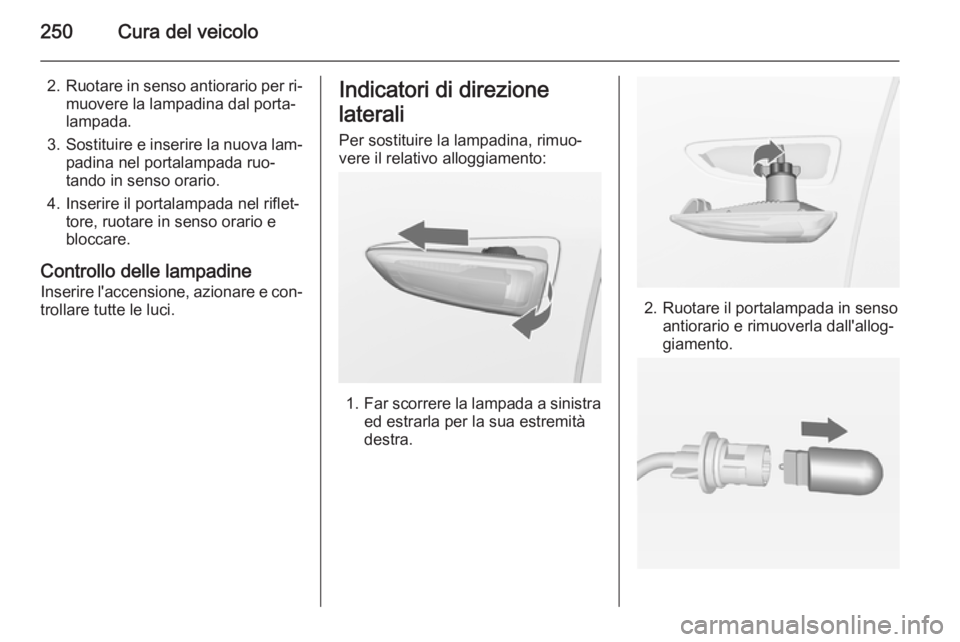 OPEL ZAFIRA C 2014.5  Manuale di uso e manutenzione (in Italian) 250Cura del veicolo
2.Ruotare in senso antiorario per ri‐
muovere la lampadina dal porta‐
lampada.
3. Sostituire e inserire la nuova lam‐
padina nel portalampada ruo‐
tando in senso orario.
4.