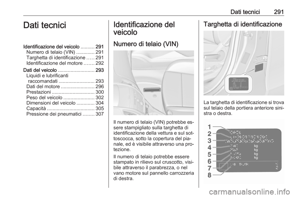 OPEL ZAFIRA C 2016 Manuale di uso e manutenzione (in Italian) Dati tecnici291Dati tecniciIdentificazione del veicolo..........291
Numero di telaio (VIN) .............291
Targhetta di identificazione .....291
Identificazione del motore .......292
Dati del veicolo OPEL ZAFIRA C 2016 Manuale di uso e manutenzione (in Italian) Dati tecnici291Dati tecniciIdentificazione del veicolo..........291
Numero di telaio (VIN) .............291
Targhetta di identificazione .....291
Identificazione del motore .......292
Dati del veicolo