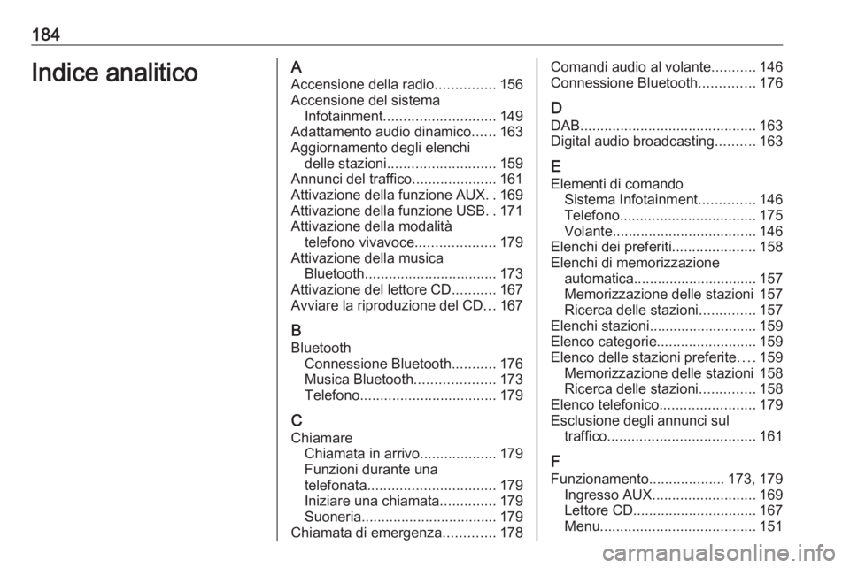 OPEL ZAFIRA C 2016.5  Manuale del sistema Infotainment (in Italian) 184Indice analiticoAAccensione della radio ...............156
Accensione del sistema Infotainment ............................ 149
Adattamento audio dinamico ......163
Aggiornamento degli elenchi dell