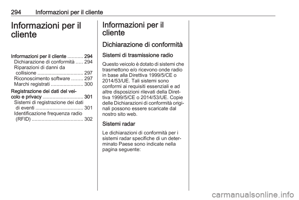 OPEL ZAFIRA C 2017 Manuale di uso e manutenzione (in Italian) 294Informazioni per il clienteInformazioni per il
clienteInformazioni per il cliente ...........294
Dichiarazione di conformità .....294
Riparazioni di danni da collisione ........................... OPEL ZAFIRA C 2017 Manuale di uso e manutenzione (in Italian) 294Informazioni per il clienteInformazioni per il
clienteInformazioni per il cliente ...........294
Dichiarazione di conformità .....294
Riparazioni di danni da collisione ...........................