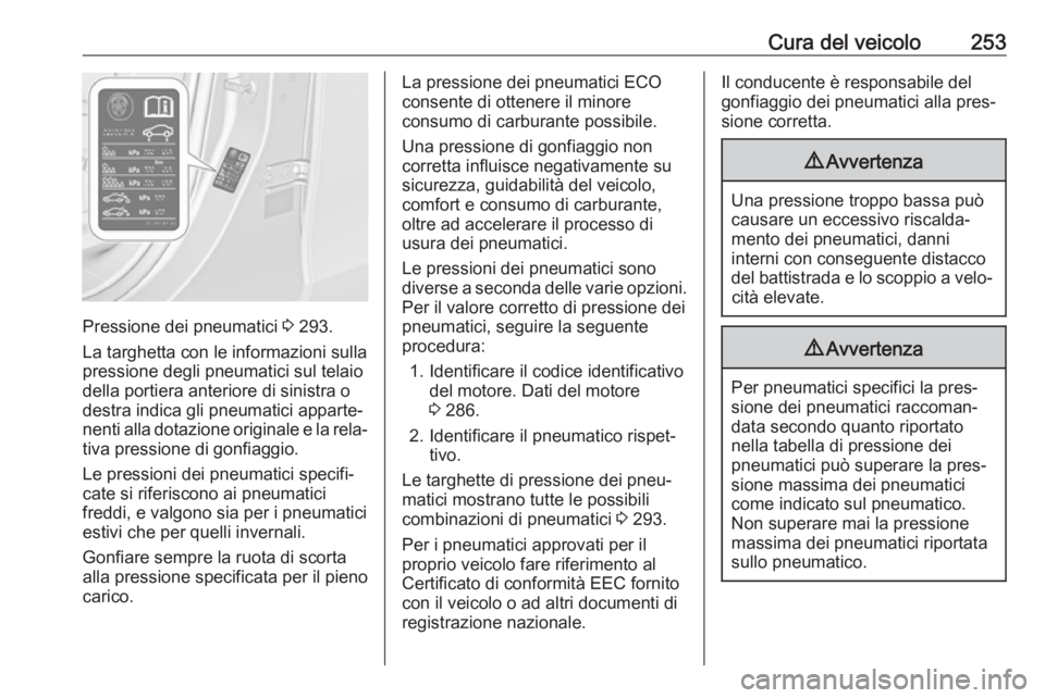 OPEL ZAFIRA C 2017.25  Manuale di uso e manutenzione (in Italian) Cura del veicolo253
Pressione dei pneumatici 3 293.
La targhetta con le informazioni sulla
pressione degli pneumatici sul telaio
della portiera anteriore di sinistra o
destra indica gli pneumatici app
