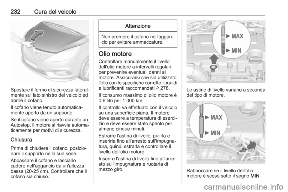 OPEL ZAFIRA C 2017.5 Manuale di uso e manutenzione (in Italian) 232Cura del veicolo
Spostare il fermo di sicurezza lateral‐mente sul lato sinistro del veicolo ed
aprire il cofano.
Il cofano viene tenuto automatica‐
mente aperto da un supporto.
Se il cofano vie OPEL ZAFIRA C 2017.5 Manuale di uso e manutenzione (in Italian) 232Cura del veicolo
Spostare il fermo di sicurezza lateral‐mente sul lato sinistro del veicolo ed
aprire il cofano.
Il cofano viene tenuto automatica‐
mente aperto da un supporto.
Se il cofano vie