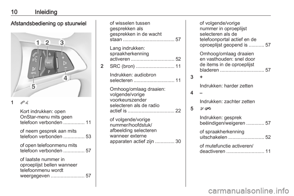 OPEL ADAM 2017.5 Handleiding Infotainment (in Dutch) 10InleidingAfstandsbediening op stuurwiel
1qw
Kort indrukken: open
OnStar-menu mits geen
telefoon verbonden ...............11
of neem gesprek aan mits
telefoon verbonden ...............53
of open tele OPEL ADAM 2017.5 Handleiding Infotainment (in Dutch) 10InleidingAfstandsbediening op stuurwiel
1qw
Kort indrukken: open
OnStar-menu mits geen
telefoon verbonden ...............11
of neem gesprek aan mits
telefoon verbonden ...............53
of open tele