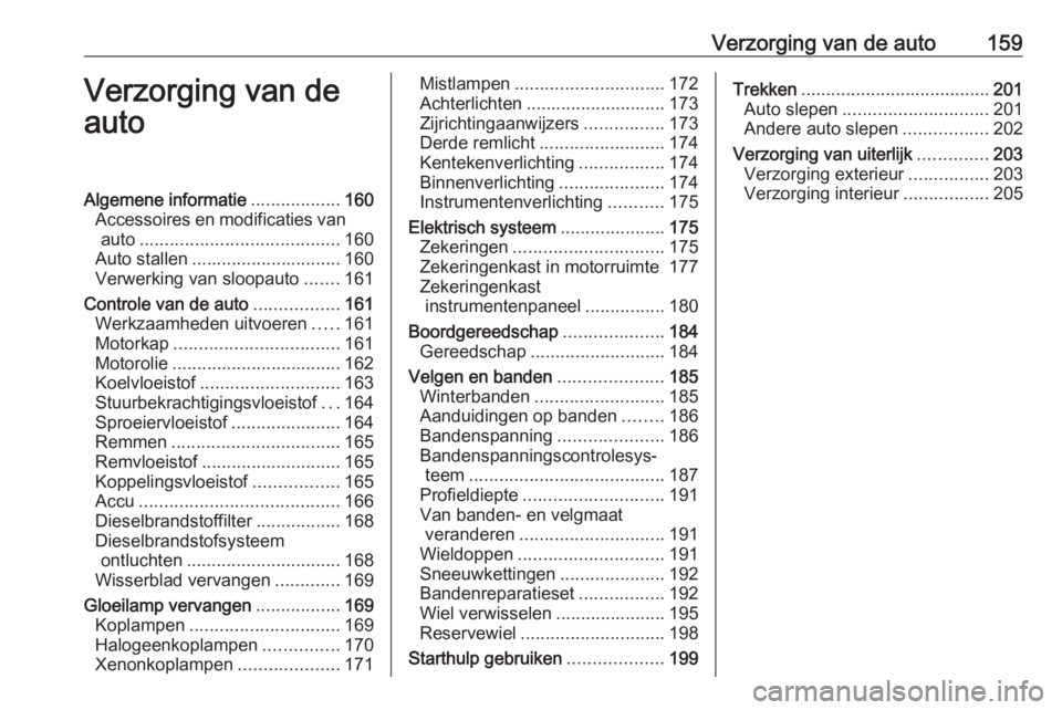 OPEL ANTARA 2016.5  Gebruikershandleiding (in Dutch) Verzorging van de auto159Verzorging van de
autoAlgemene informatie ..................160
Accessoires en modificaties van auto ........................................ 160
Auto stallen ................